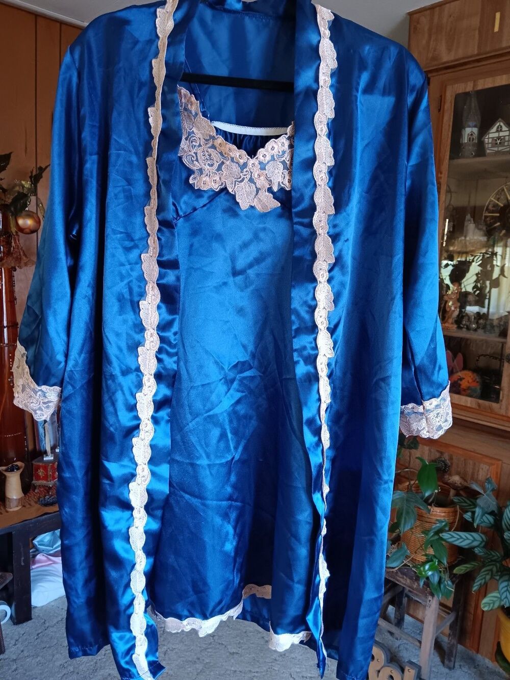 Vintage Royal Blue Satin Short Lingerie with Lace + Robe Size M